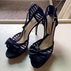 Black Suede Leather Mesh Bow Heels T-Strap Mary Janes Kate Spade 9 Open Toe